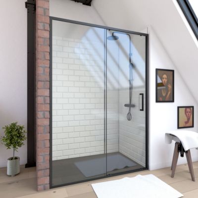 Porte de douche coulissante 120x200 cm - Verre transparent - Profilé Noir - CRUSH