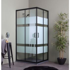 Porte De Douche Coulissante 90X70 Avec Cadre Noir Et Portes En Verre Sérigraphié - City