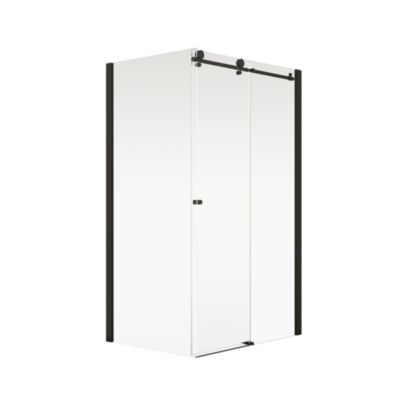 Porte de douche coulissante, verre 6 mm transparent anticalcaire, profilé noir, roulettes en bas, style industriel, Schulte, 100 cm