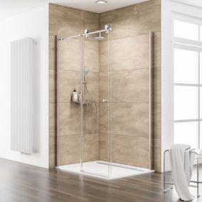 Porte de douche coulissante avec paroi latérale l.140+90 x H.200 cm, verre transparent anticalcaire, profilé chromé, Schulte MasterClass
