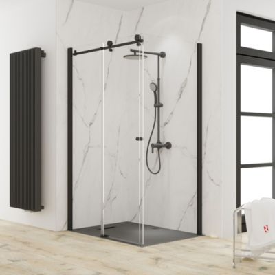 Porte de douche coulissante avec paroi latérale l.140+90 x H.200 cm, verre transparent, profilé noir mat, Schulte MasterClass