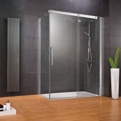 Porte de douche coulissante avec paroi latérale ouverture droite l.120+80xH.200 cm verre transparent anticalcaire, profilé chromé, Schulte MasterClass