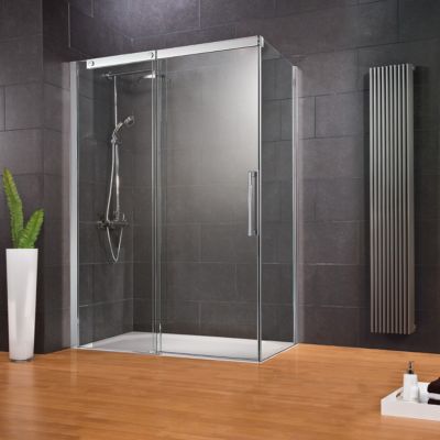 Porte de douche coulissante avec paroi latérale ouverture gauche l.120+80xH.200 cm verre transparent anticalcaire, profilé chromé, Schulte MasterClass