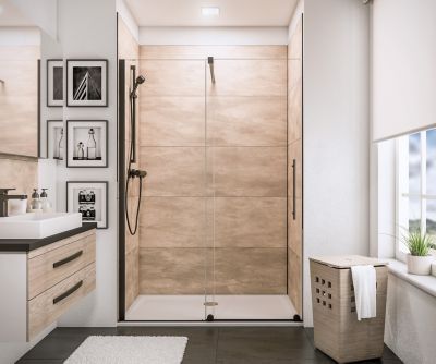 Porte de douche coulissante avec roulettes l.100 x H.200 cm, verre transparent anticalcaire, profilé noir mat, Schulte NewStyle