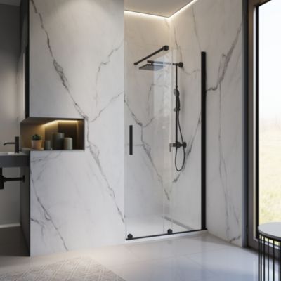 Porte de douche coulissante avec roulettes l.140 x H.200 cm, verre transparent anticalcaire, profilé noir mat, Schulte NewStyle