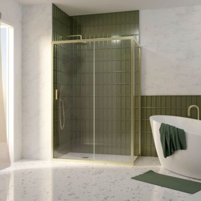 Porte de douche coulissante et paroi fixe l.140 + 80 x H.200 cm profilés doré brossé, Galedo Factory
