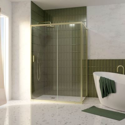 Porte de douche coulissante et paroi fixe l.140 + 90 x H.200 cm profilés doré brossé, Galedo Factory