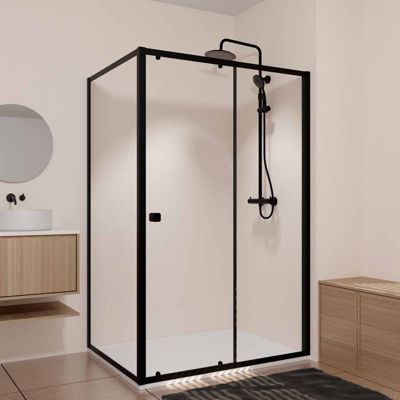 Porte de Douche Coulissante Extensible 140x185cm et Retour Fixe 90cm - Noir - BLACK SLIDE