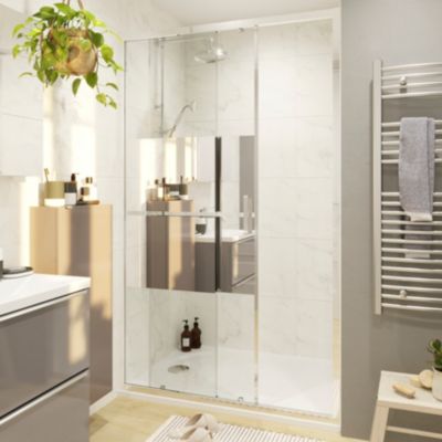 Porte de douche coulissante l.100 x H.195 cm, bandes miroir, profilés alu chrome, GoodHome Ledava