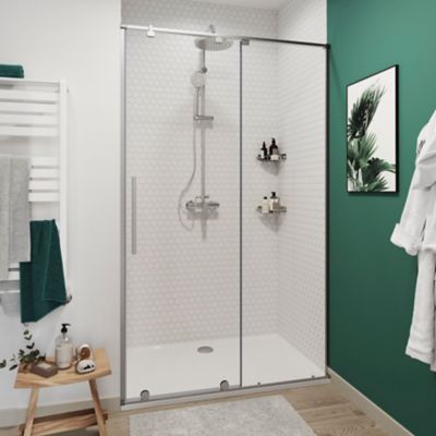 Porte de douche coulissante l.100 x H.195 cm transparente, profilés aluminium brossé chrome, GoodHome Ezili