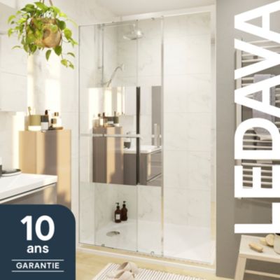 Porte de douche coulissante l.120 x H.195 cm, bandes miroir, profilés aluminium chrome, GoodHome Ledava