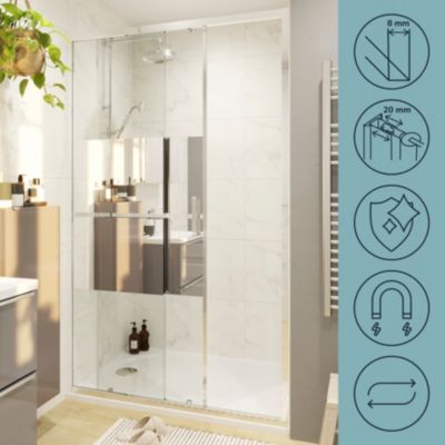 Porte de douche coulissante l.120 x H.195 cm, bandes miroir, profilés aluminium chrome, GoodHome Ledava