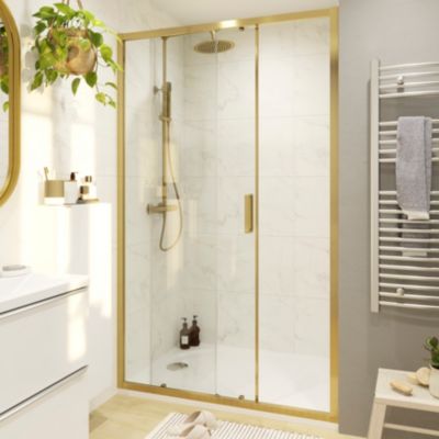 Porte de douche coulissante l.120 x H.195 cm, verre transparent, profilés aluminium finition doré brossé, GoodHome Ledava