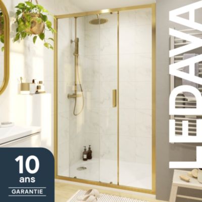 Porte de douche coulissante l.120 x H.195 cm, verre transparent, profilés aluminium finition doré brossé, GoodHome Ledava