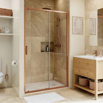 Porte de douche coulissante l.120 x H.195 cm, verre transparent, profilés cuivré, GoodHome Ledava