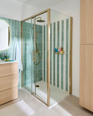Porte de douche coulissante l.120 x H.195 cm, verre transparent, profilés doré, GoodHome Ledava