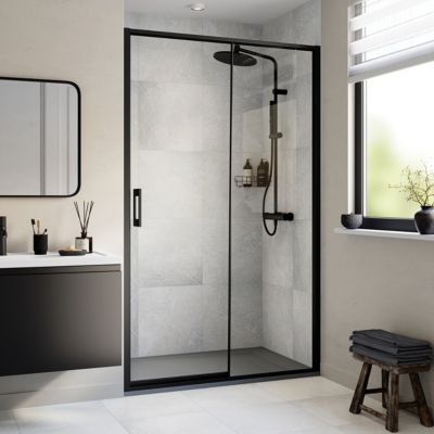 Porte de douche coulissante l.120 x H.195 cm, verre transparent, profilés noir, GoodHome Evanna
