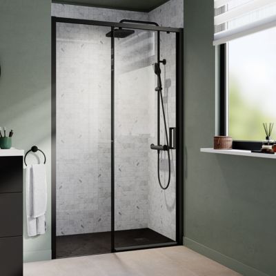 Porte de douche coulissante l.120 x H.195 cm, verre transparent, profilés noir, GoodHome Ledava