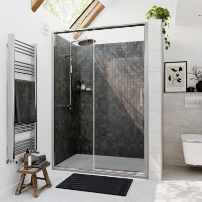 Porte de douche coulissante l.140 x H.195 cm, verre transparent, profilés chromé, GoodHome Evanna