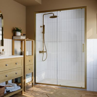 Porte de douche coulissante l.140 x H.195 cm, verre transparent, profilés doré, GoodHome Ledava