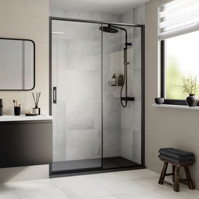 Porte de douche coulissante l.140 x H.195 cm, verre transparent, profilés noir, GoodHome Evanna
