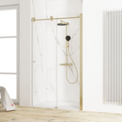 Porte De Douche Coulissante Forte Glax - 160x200 Cm - Verre Transparent Et PVC Blanc - NEUF