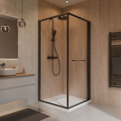 Porte de douche coulissante L.90 x l.90 x H.190 cm, verre trempé transparent, profilés noir mat, Schulte Mila