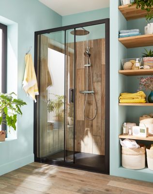 Porte de douche coulissante noir GoodHome Beloya transparente 120 cm