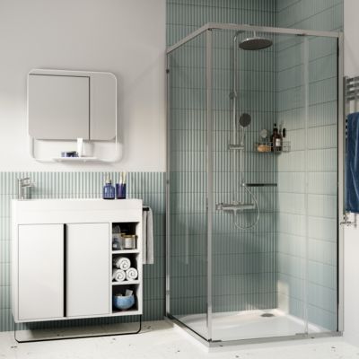 Porte de douche coulissante spéciale petits espaces l. 90 x H. 190 cm, verre transparent, profilés alu chrome, GoodHome Maza