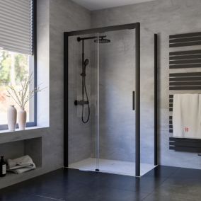 Porte de douche coulissante transparente l. totale 120 x H.200 cm avec porte latérale fixe droite l.80 cm, profilé noir, Schulte Impériale 8