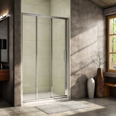 Porte de douche coulissante verre trempé clair Ep.6mm - 140x195cm - 3 volets - Chromé - Réversible - Installer en niche