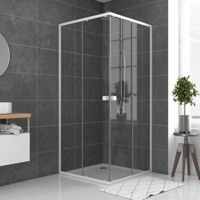 Porte de douche en angle blanc largeur extensible de 70 à 90 cm, H.185 cm, verre transparent, profilé blanc, Galedo Spot
