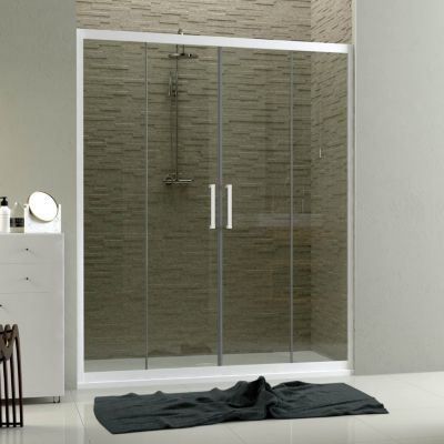 Porte De Douche Coulissante Forte Glax - 160x200 Cm - Verre Transparent Et PVC Blanc - NEUF