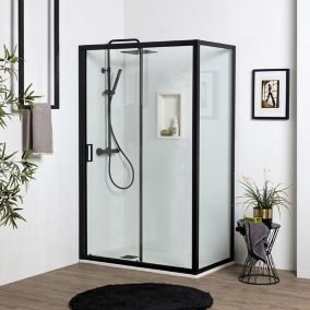 Porte De Douche Niche 140 Cm Avec Côté Fixe 80 Cm Noir Mat Avec Ouverture Réversible - City