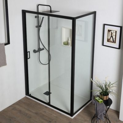 Porte De Douche Niche 140 Cm Avec Côté Fixe 80 Cm Noir Mat Avec Ouverture Réversible - City