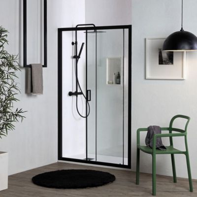 Porte De Douche Niche 150 Cm Avec Porte Coulissante Et Cadre En Aluminium Noir Mat