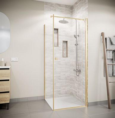 Porte de Douche Pivotante 80x180cm et Retour 80cm - Profil Or Brosse - Verre 5mm - GOLD ELEMENTARY