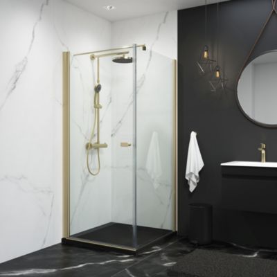 Porte de douche pivotante avec paroi latérale l.90 x H.192 cm, verre transparent, profilé or, Schulte