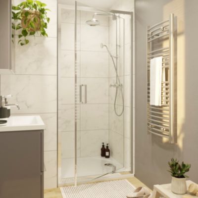 Porte de douche pivotante axe excentré l.80 cm x H.195 cm, verre transparent, profilés aluminium chrome, GoodHome Ledava