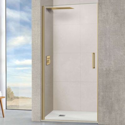 Porte de douche pivotante droite - Paroi de douche L.80 x H195 cm - Verre trempé 6mm anti calcaire - Or Brossé - SUPERBAN