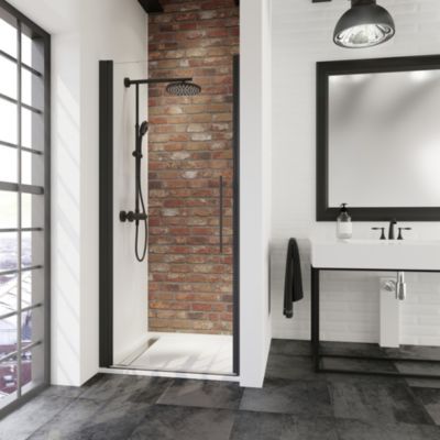 Porte de douche pivotante en niche, l.60 x H.192 cm, verre transparent, profilé noir, Schulte NewStyle