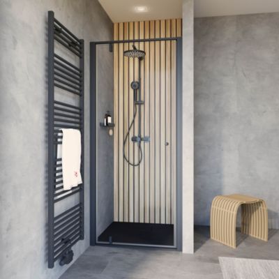 Porte de douche pivotante en niche l.90 x H.200 cm, verre transparent, profilé noir mat, Schulte Impériale