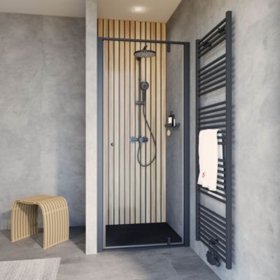 Porte de douche pivotante en niche l.90 x H.200 cm, verre transparent, profilé noir mat, Schulte Impériale