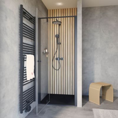 Porte de douche pivotante en niche l.90 x H.200 cm, verre transparent, profilé noir mat, Schulte Impériale