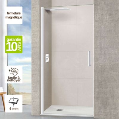 Porte de douche pivotante gauche - Paroi de douche L.70 x H195 cm - Verre trempé 6mm anti calcaire - Blanc Mat - SUPERBAN