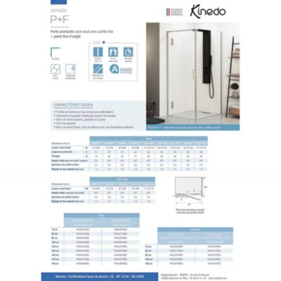 Porte de douche pivotante Kinedo EKINOX (à coupler avec fixe EKINOX) L90cm H2,07 m inox charnière à gauche
