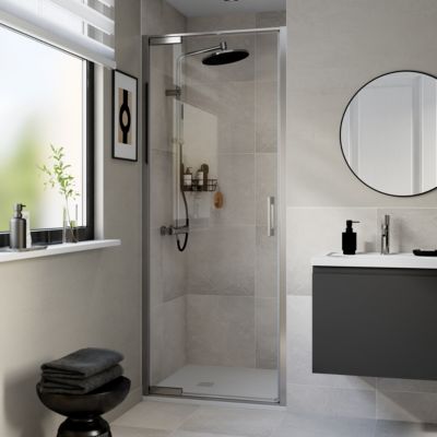 Porte de douche pivotante l.80 x H.195 cm, verre transparent, profilés chromé, GoodHome Evanna