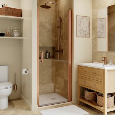 Porte de douche pivotante l.80 x H.195 cm, verre transparent, profilés cuivre, GoodHome Ledava