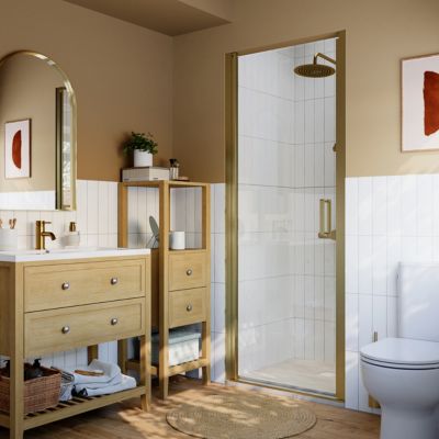 Porte de douche pivotante l.80 x H.195 cm, verre transparent, profilés doré, GoodHome Ledava