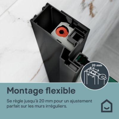 Porte de douche pivotante l.80 x H.195 cm, verre transparent, profilés noir, GoodHome Evanna